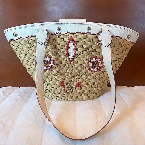 BRIGHTON Flowers Woven Straw & White Leather Shoulder / Tote Bag - Picture 1 of 16